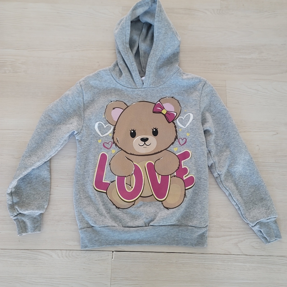 Girls Teddy Bear Grey Cozy Fleece Hoodie Size 7/8
